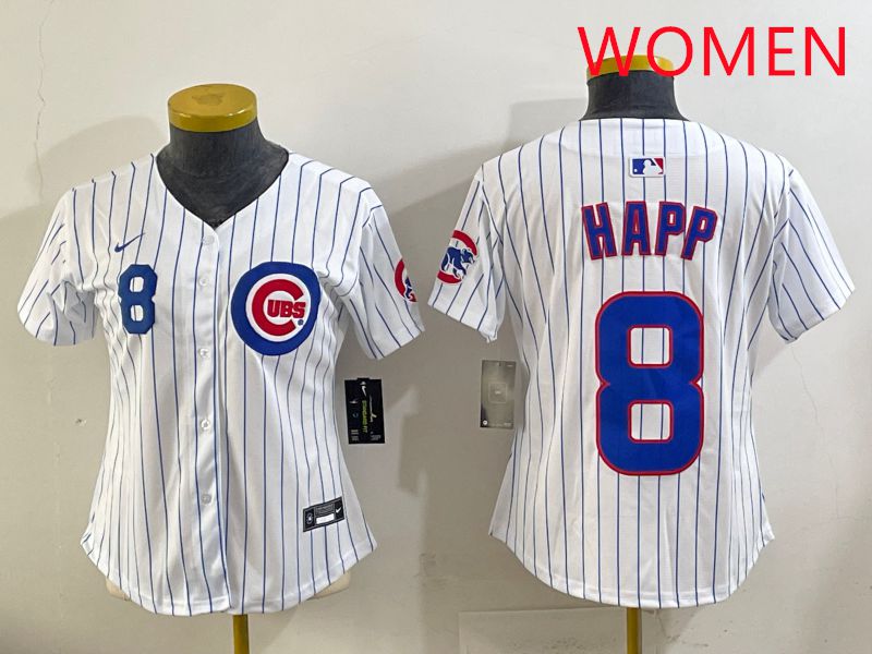 Women 2025 Chicago Cubs #8 Happ White Stripe Game Nike MLB Jersey style 4->youth mlb jersey->Youth Jersey